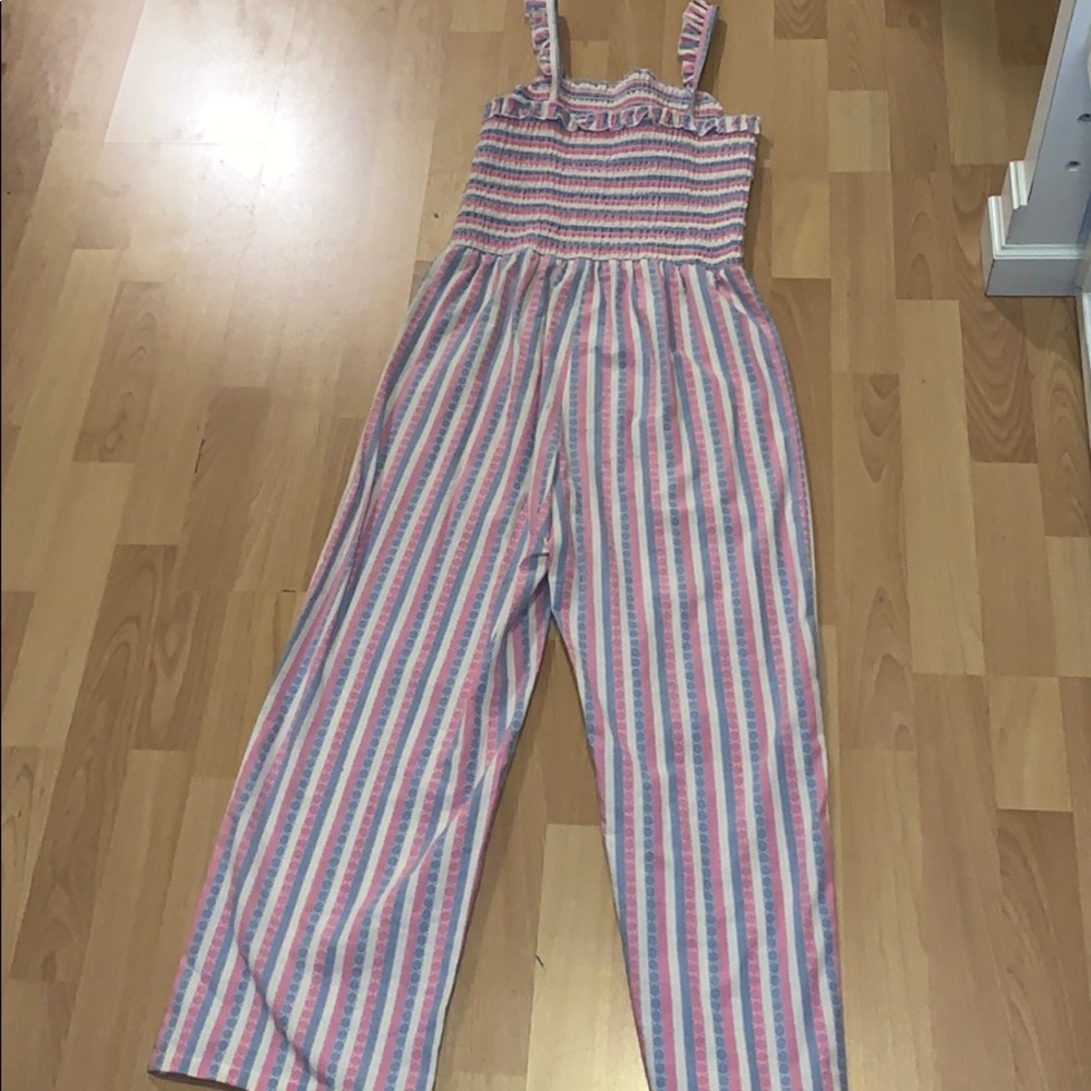 Striped romper and pink jean jacket